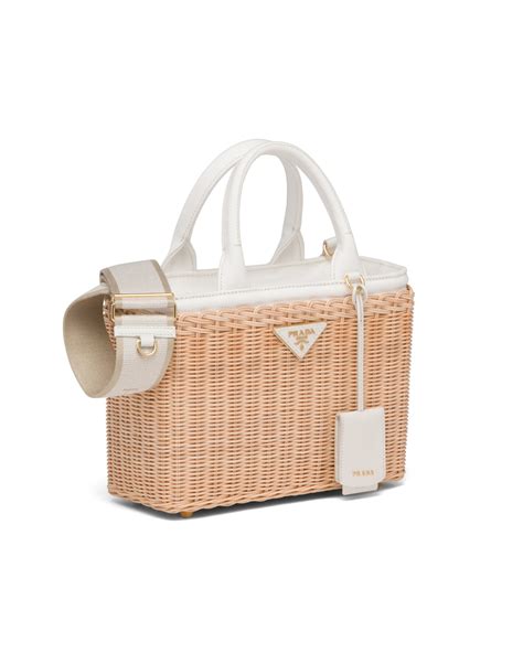 Borsa shopping in midollino e canvas Naturale/bianco 